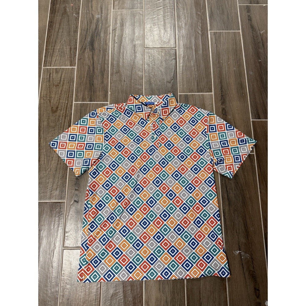 Hreski Golf Shirt Yellow Grey Orange Teal Diagonal Square Size Large